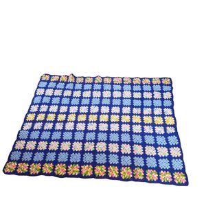 1970's Vintage Afghan Square Block Crochet blues pinks yellows Granny blanket‎